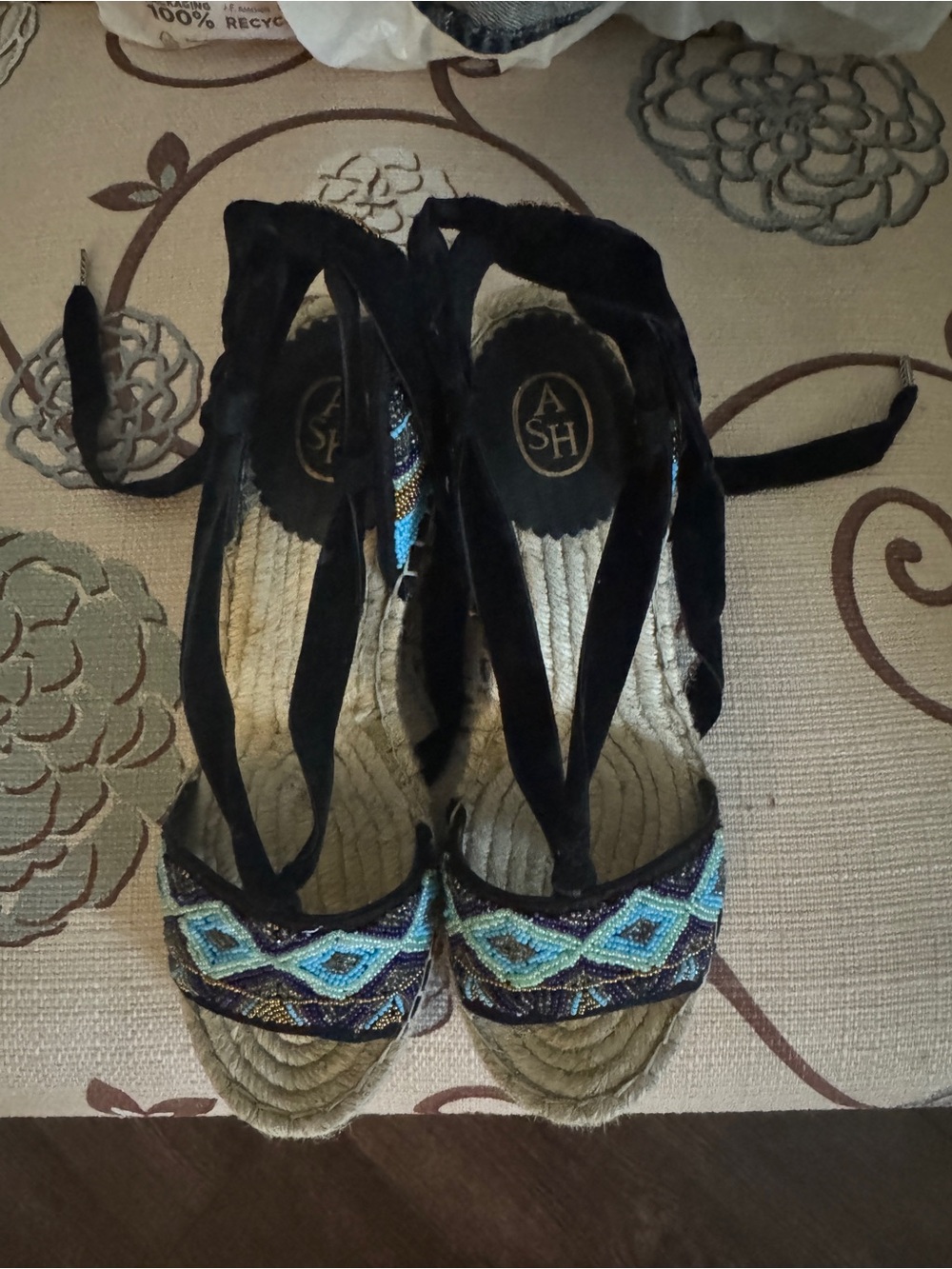 ASH Black Wedge Espadrilles with Turquoise and Aqua Beading